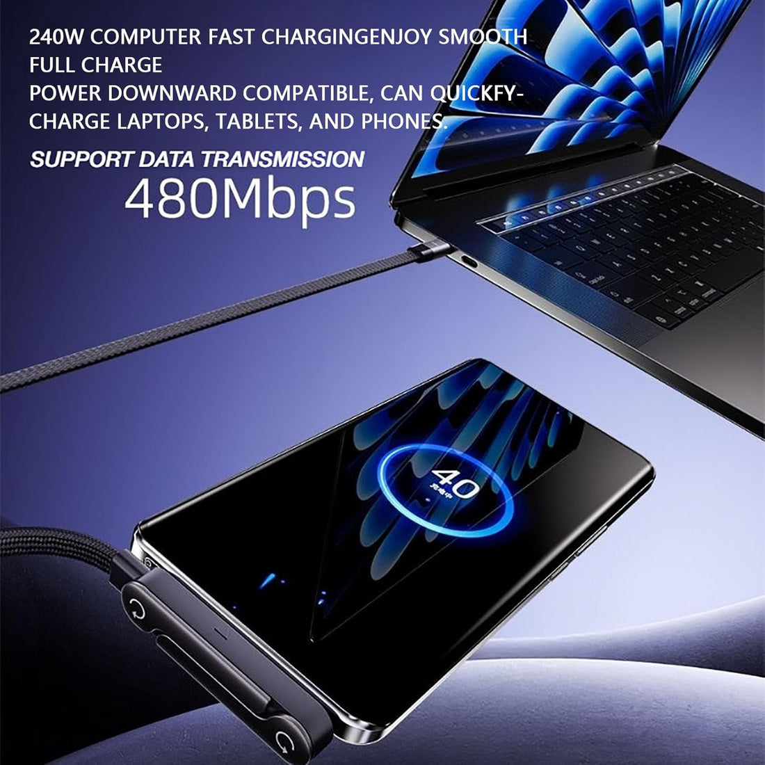 Sideways Phone Charger, 2-in-1 Invisible Holder Charger Cable, 240w Fast Charging